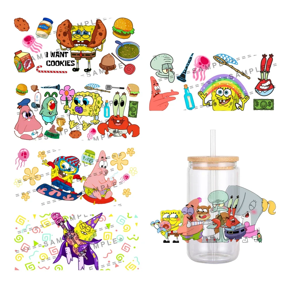 Cartoon Yellow SpongeBob Pattern UV DTF Transfer Sticker Waterproof Transfers Decals For 16oz Glass Cup Wrap Stickers