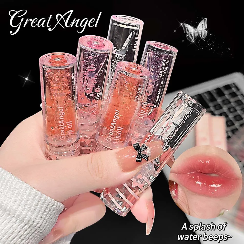 GreatAngel Shimmer Lip Oil Moisturizing Clear Natural Lightweight Hydrating Ballet Ribbon Glass Lip Gloss Makeup Cosmetic