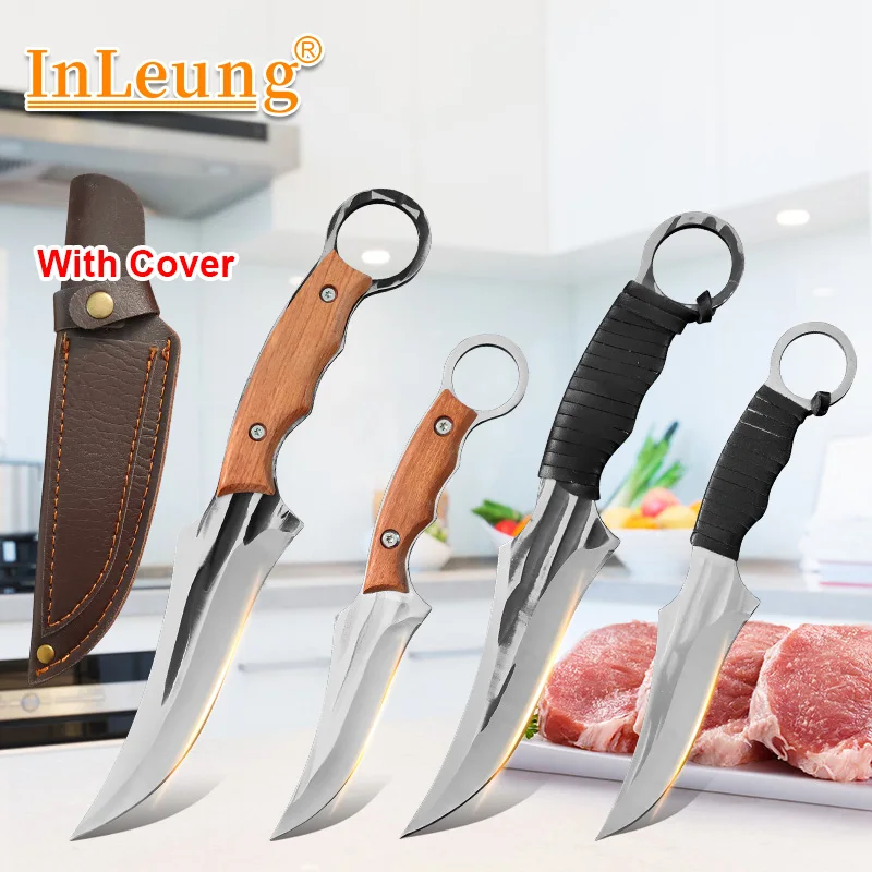 Hand-Forged Kitchen Knife Multifunctional Boning Meat Cleaver Knife Full Tang Butcher Knife for Household Barbecue Cooking Tools
