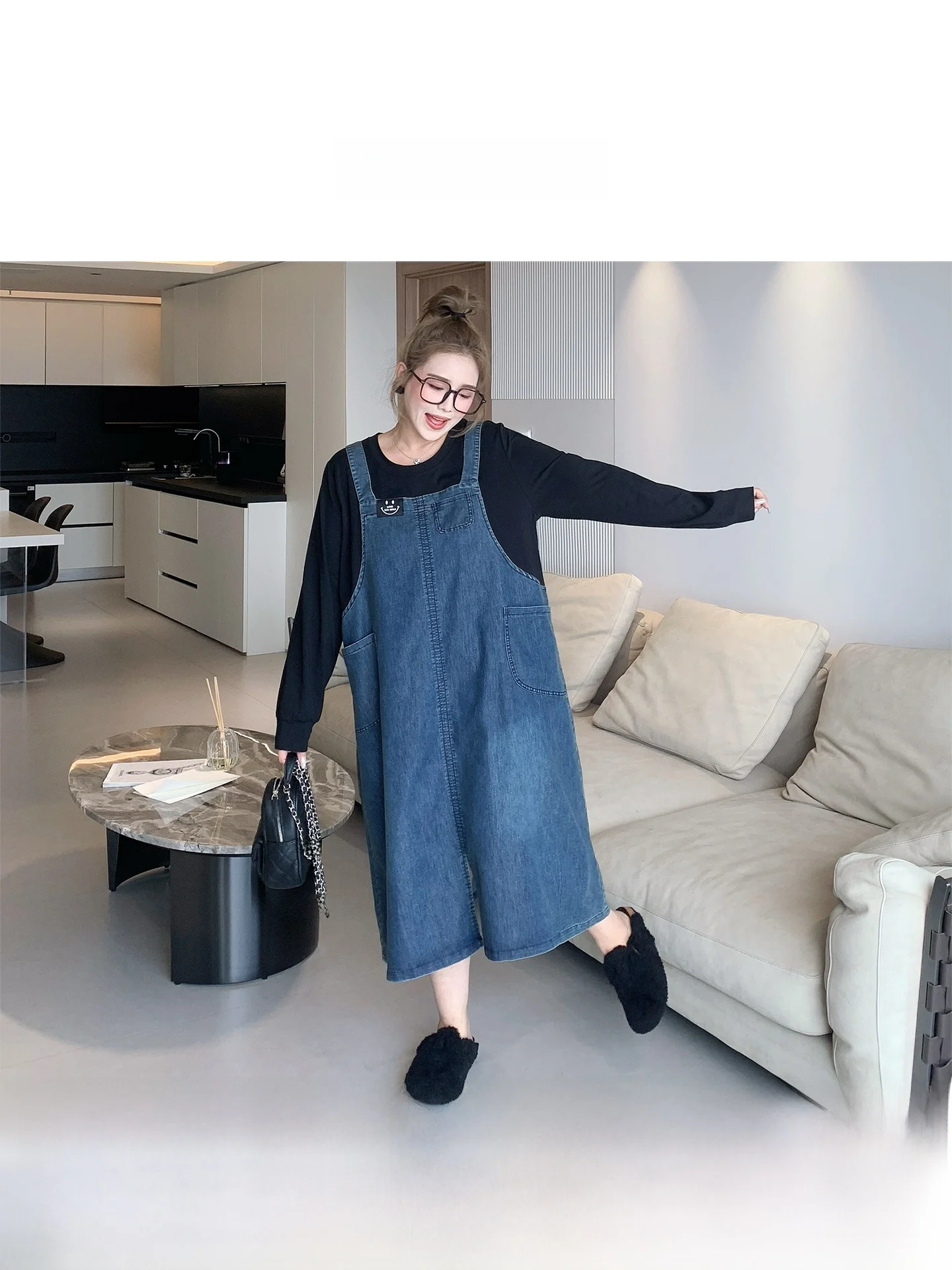 Slimming Effectiven Large Size Denim Patchwork Dr High Waist A-Line Long Sve Women's Autumn Casual Faion Dr