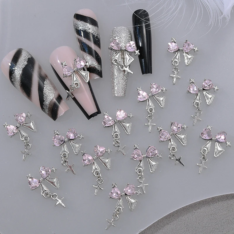 10 Pcs Zircon Nail Charms Luxury Diamond Inlaid 3D Bow Heart Butterfly Nail Charms Chain Manicure Accessories