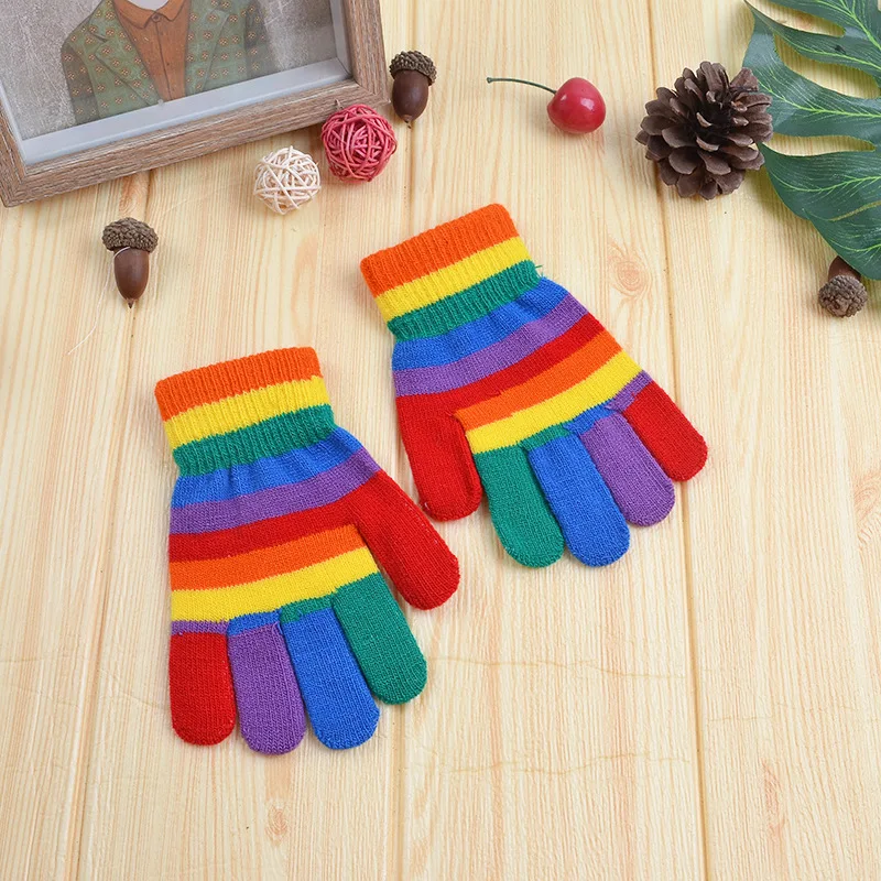 3-8 Years Cute Kids Rainbow Gloves Winter Children Knitted Mittens Keep Warm Students Full Finger Glove Outdoor Activity Mittens