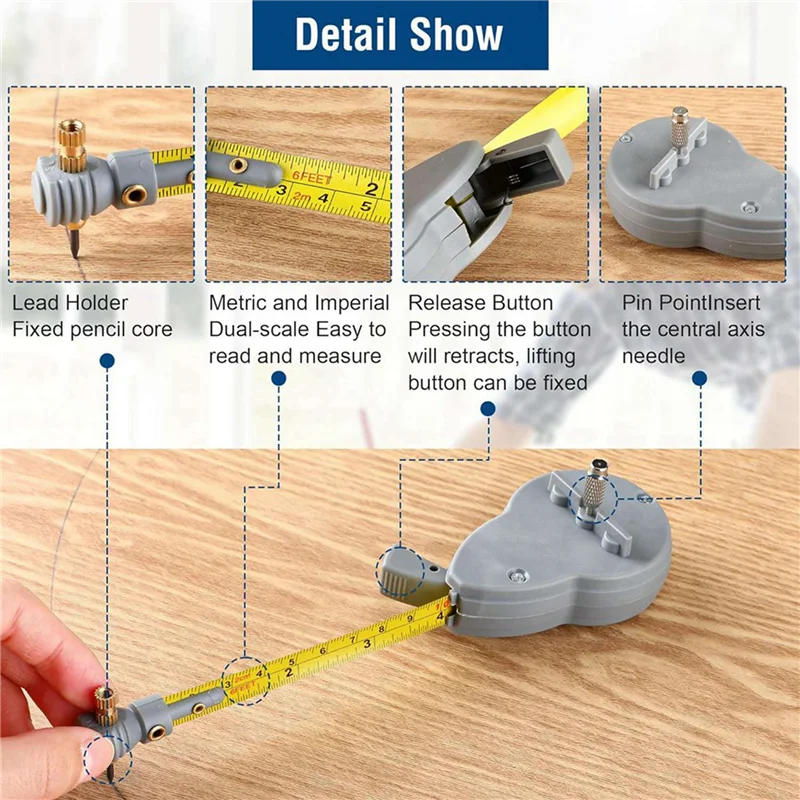 HHTL 2X Rotape Tape Measure Compass With 20 Pencil Leads,Measure Compass For Drawing Circles And Lines With Tape Measure