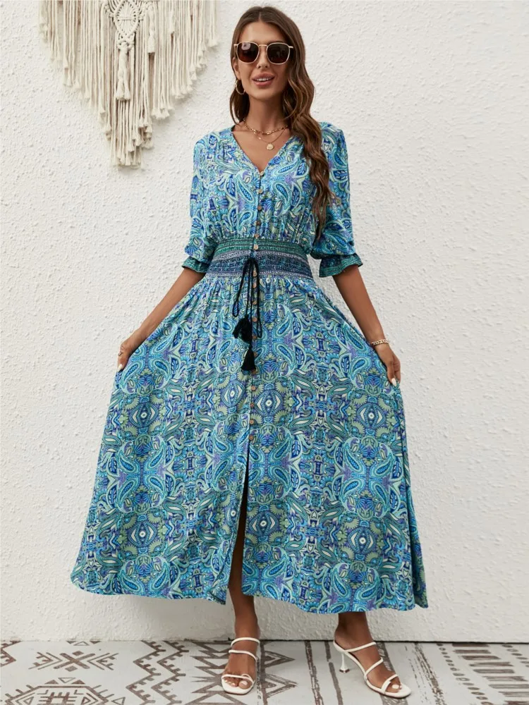 Summer New Women\'s Dress V-neck Three-quarter Sleeves Lantern Sleeve Waist Tie Dress Bohemian Travel Vacation Beach Dress