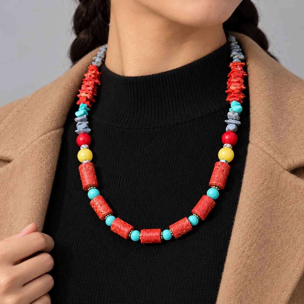 Vintage Tribal Multicolour Beaded Necklace For Women Handcrafted Mixed Stone Statement Necklaces Choker Jewelry Christmas Gift
