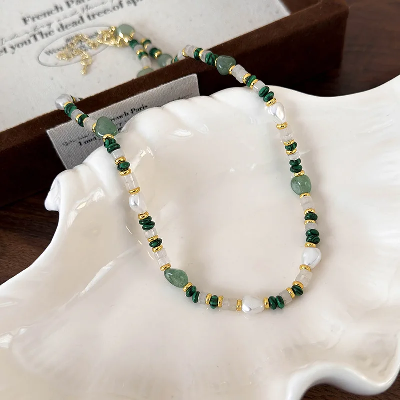 Minar Wholesale Green Color Natural Stone Malachite Simulated Pearl Strand Beaded Necklace for Women Gold Plated Chain Chokers