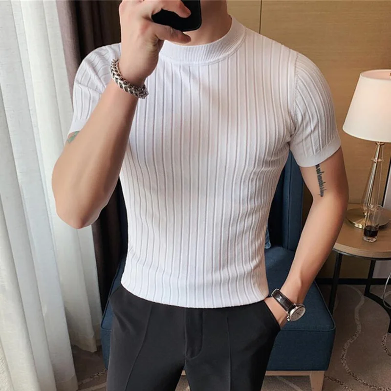 2023 New Style Men High Grade Solid Color Stripe Knit T-shirt/Male Slim Fit Fashion High Collar Short Sleeve T-shirt Black White