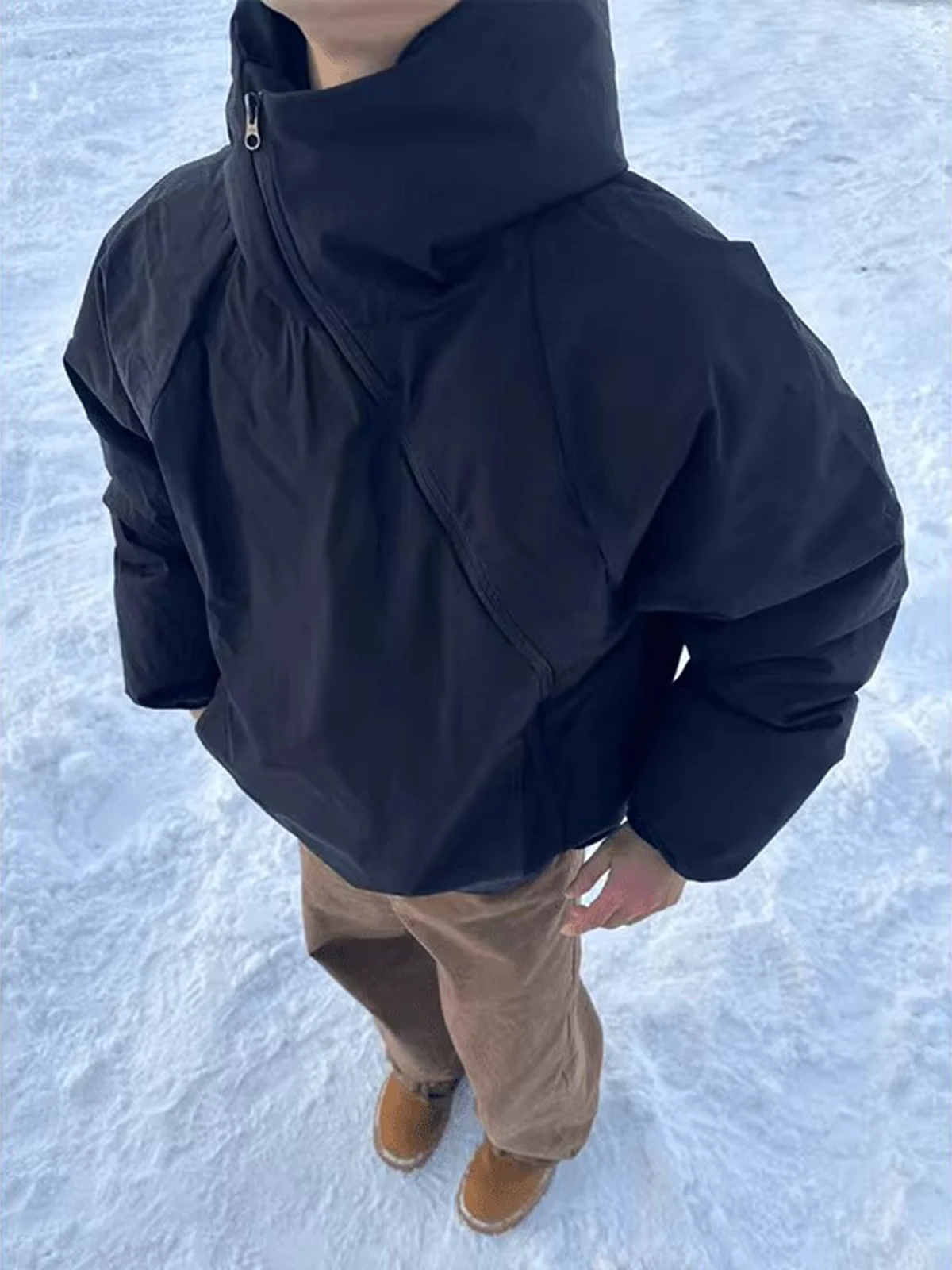 

Мужская пуховая куртка Bla с капюшоном, американский функциональный стиль, диагональная молния, дизайн Cleanfit, хлопковая верхняя одежда