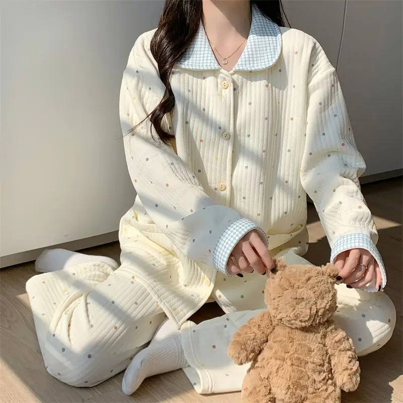 

Korean version polka dot pajamas Women's autumn winter new model girl long sleeves suit homewear outerwear Comfortable Sleepwear