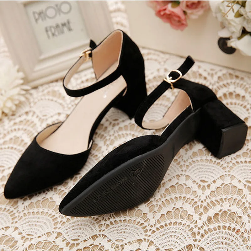 FHC 2024 New Women Pumps,Flock High Heels,Side Shallow Out Shoes,Ankle Buckle Strap,Pointed Toe,Pink,Black,Beige,Dropship