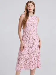 Summer Lace Dress for Women 2026 Temperament Blue Pink White Hollow out Lace Midi Dress Elegant Ladies Party Vestidos