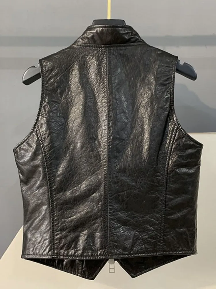 Retro Style Stand Collar Zipper Fashion Genuine Leather Vest Slim Sheepskin Sleeveless Solid Color Female Handmade Outerwear