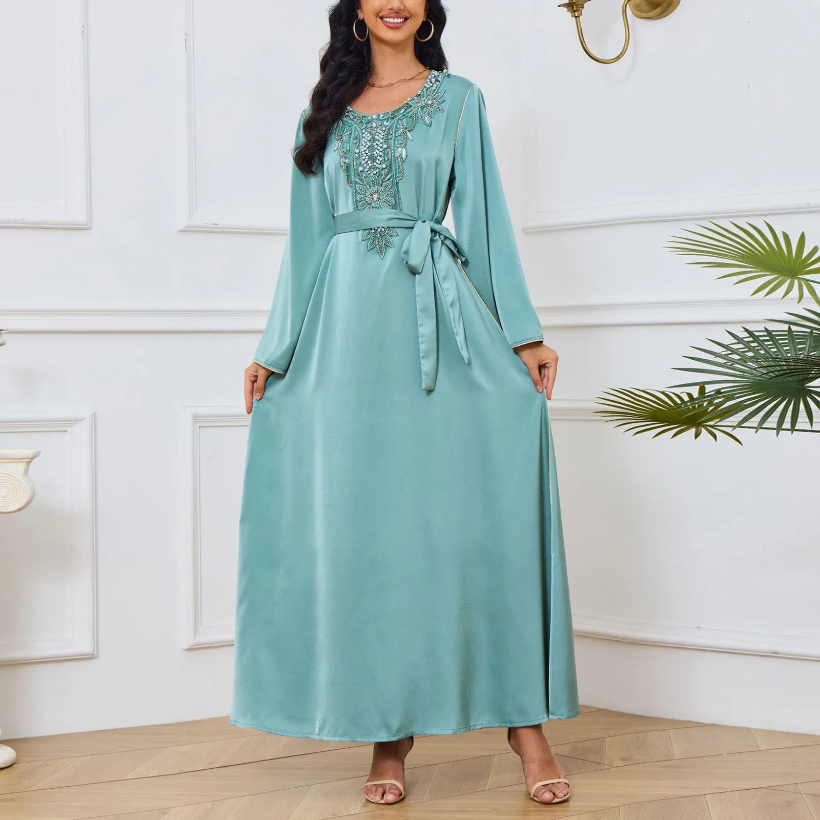 Abaya Arab Apparel-vestido de Dubái con cuentas para mujer, cuello redondo, cinturón, mangas largas, moda