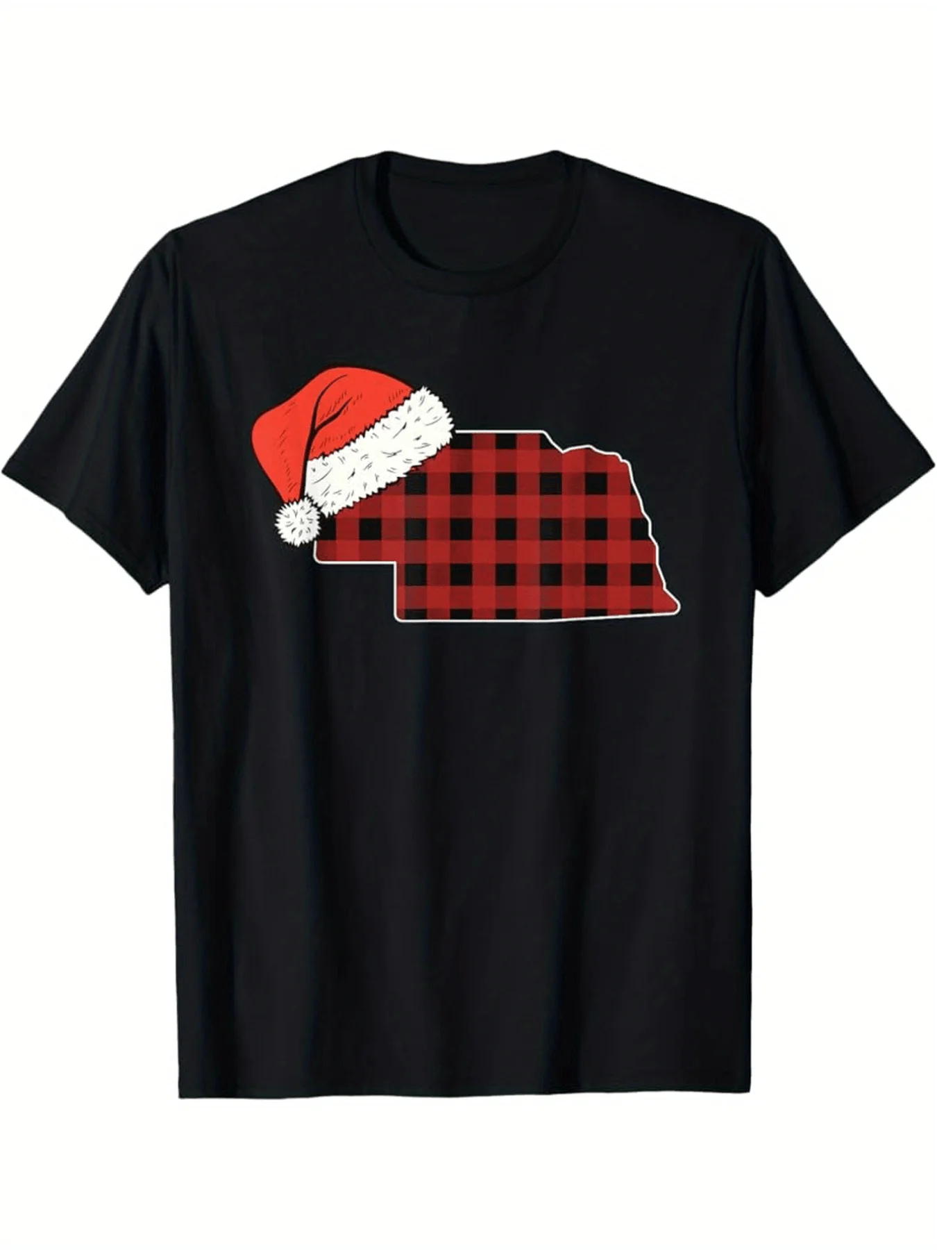 Men's Nebraska State Plaid Christmas T-Shirt With Santa Hat And Nebraska Outline - Red/Green/White Checkered Design, Casual Fit