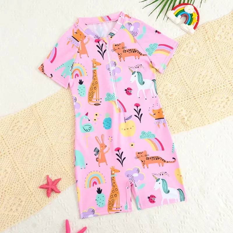 

2026 Girls Printed Swimsuit One Piece Kids Zipper Swimwear Children Swimming Bathing Swim Suit Beachwear