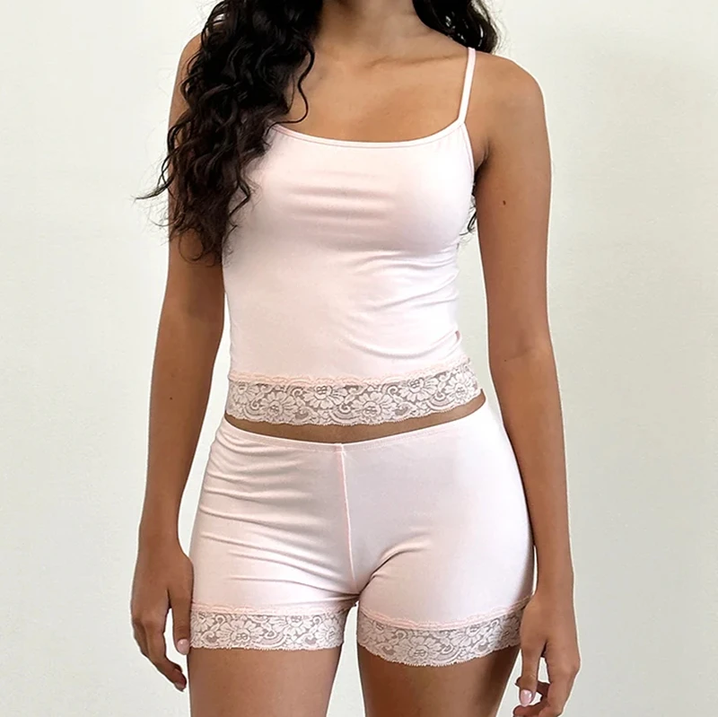 Fairy Cute Lace Trim 2-teiliges Set Outfits ärmellose Crop Camis Tops + Shorts Damen Lounge Pyjamas 2000er Retro Y2k Nachtwäsche