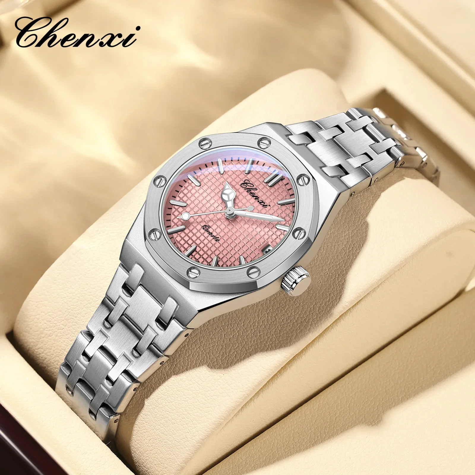 CHENXI 648 Reloj de cuarzo para mujer, reloj de pulsera con correa de acero inoxidable, luminoso, rosa, azul y verde, regalo para mujer y niña