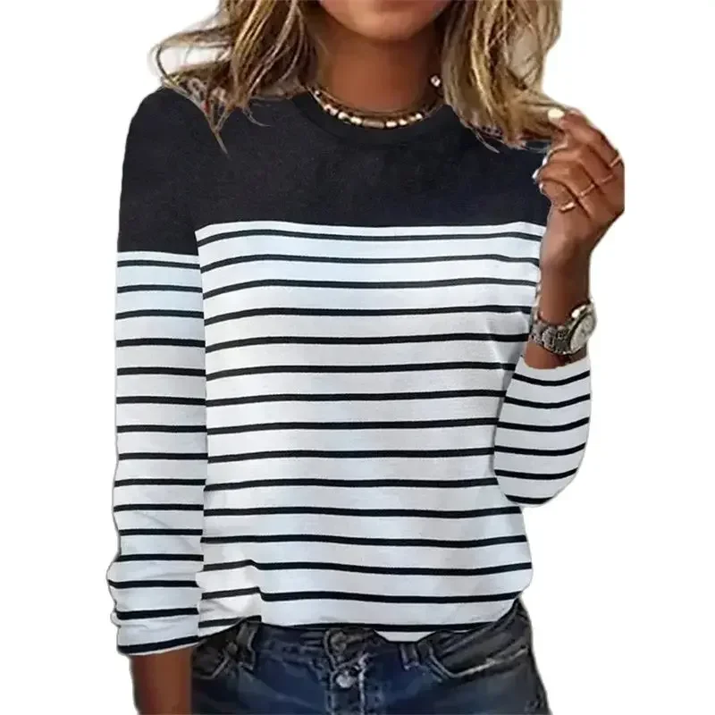 

2024 Fashion Striped Colorblocking Women T-Shirt Autumn O Neck Pullover Long Sleeve Tops Comfortable Commuter Casual Female Tees