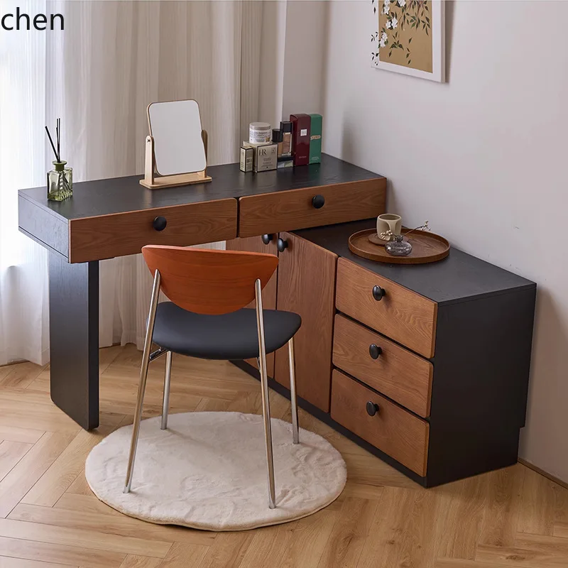 Dressing Table and Chest of Drawers Integrated Bedroom Extendable Walnut Wood Grain Makeup Table All Solid Wood