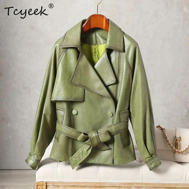 

Tcyeek Real Leather Jacket Women Autumn Clothes Oil Wax Sheepskin Womens Coats Suit Coat Belt Loose Fit 2026 Casaco Feminino