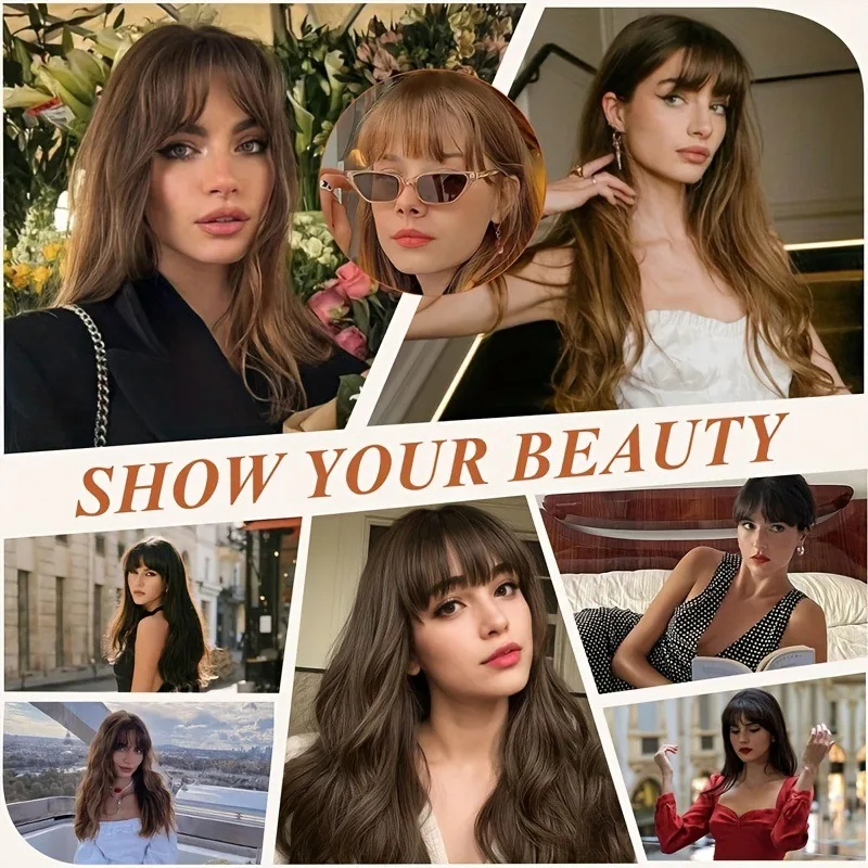 مشبك شعر صناعي، غرة مقطوعة بشراشيب مع سوالف، بني داكن، مظهر طبيعي للنساء، ملابس الحفلات اليومية #6