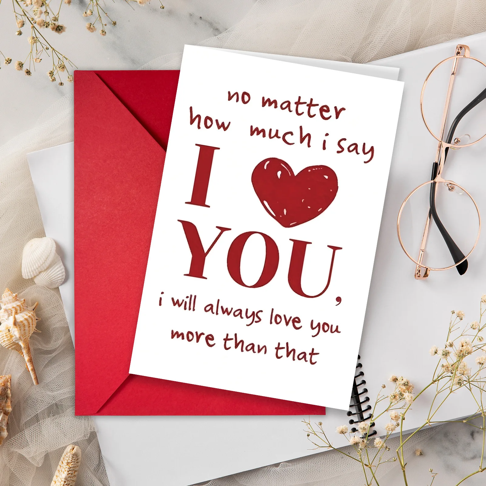 Tarjeta de amor romántica con sobre, No importa, cuánto digo, siempre te amo más, diseño rojo y rosa, 4x6 en regalo para parejas, 1 ud.