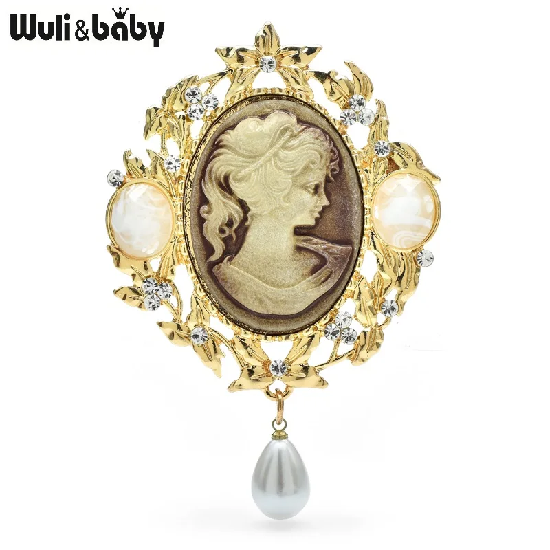 

Wuli&baby Vintage Beauty Lady Round Brooches Badge For Women Pearl Girl Figure Party Office Brooch Pins Gifts