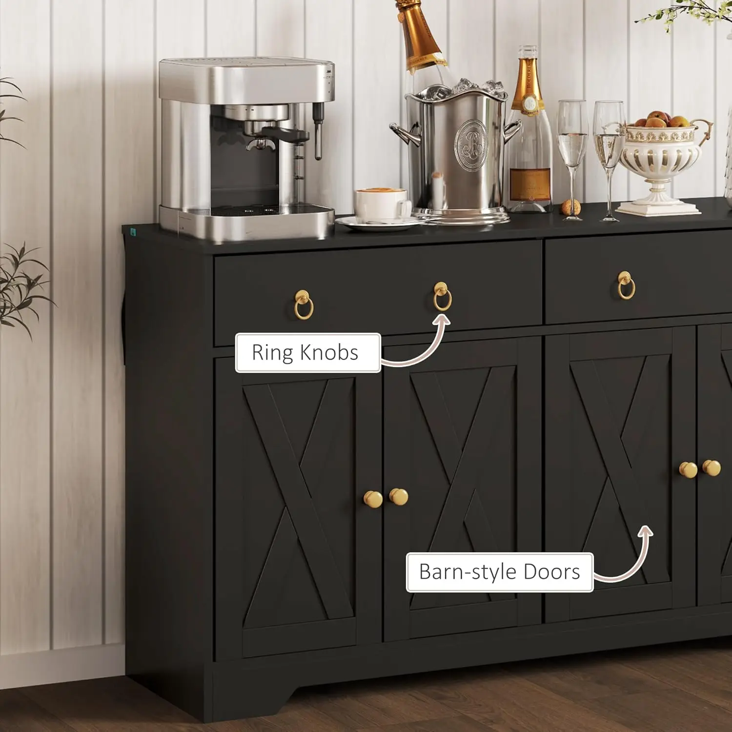 48" Sideboard Buffet with Storage, Kitchen Storage Cabinet with 2 Drawers and 4 Barn Doors, Farmhouse Coffee Bar, Customized