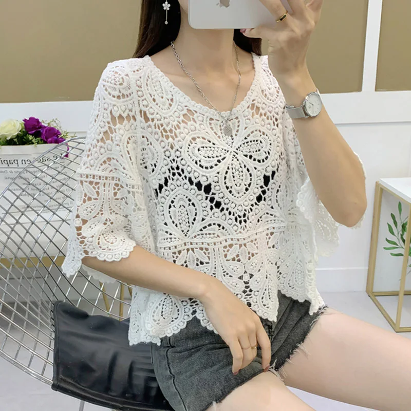 Floral Paisley Crochet Tops Women Smei Sheer Hollow Out Lace Blouse Women Bohemian Style Summer Beach Cover-ups view 6