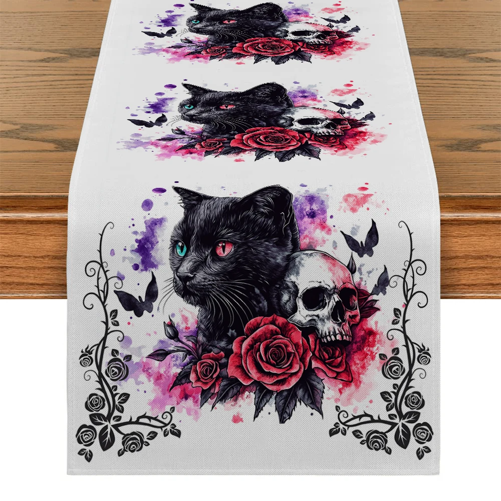 

Halloween Skeleton Rose Cat Table Runner Polyester Table Runners for Dining Room Cottagecore Polyester Table