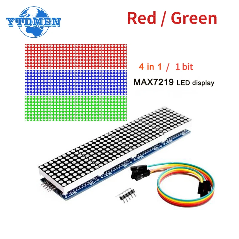 MAX7219 Moduł matrycy punktowej 8 * 8 Wspólna katoda 5 V, czerwono-zielony wyświetlacz LED 4 w jednym z linią DuPont, 1-bitowy moduł wyświetlacza