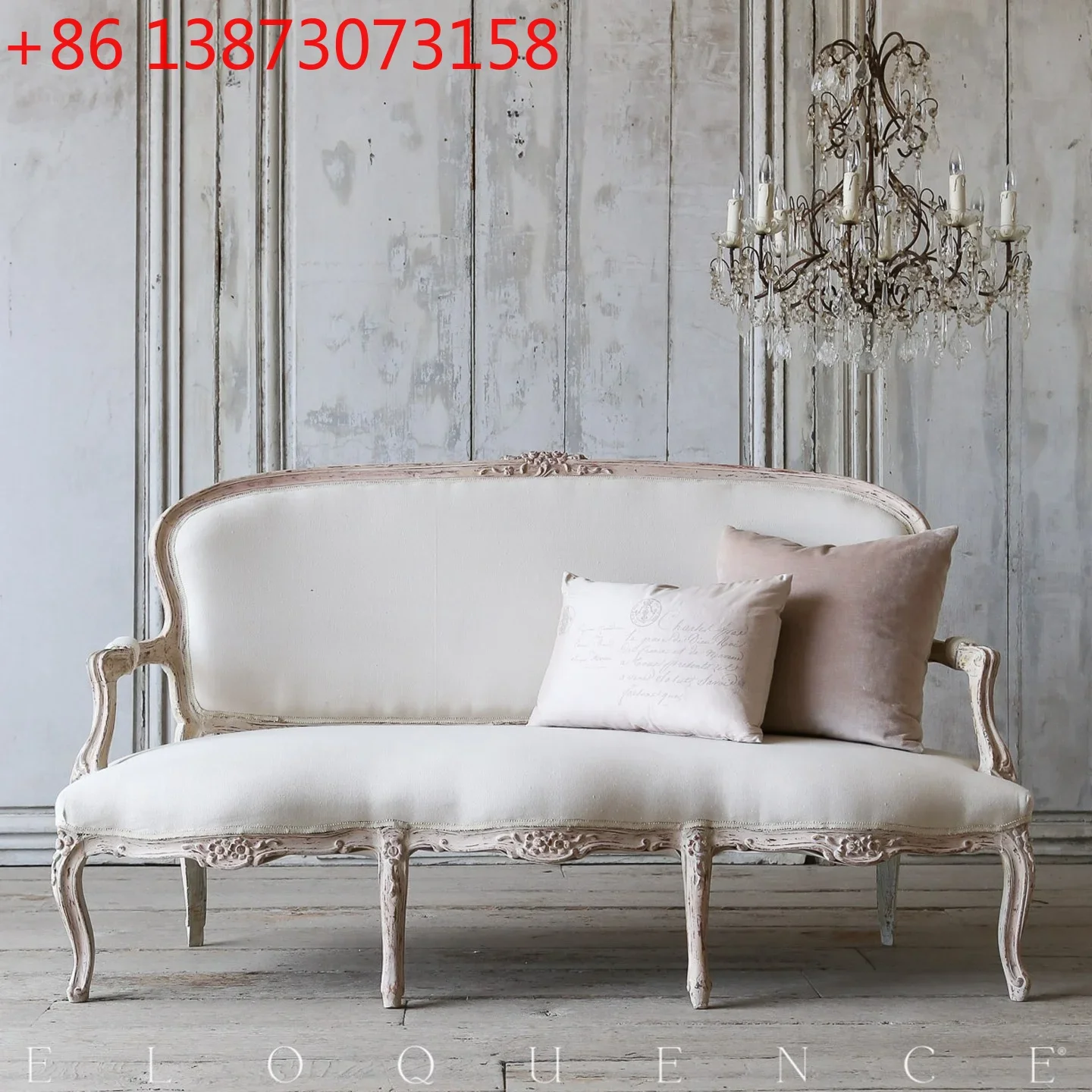 

Solid wood sofa French retro old carved three-person sofa living room small apartment fabric soft bag leisure sofa
