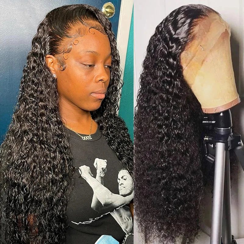 Curly Lace Frontal Peruca, Cabelo Humano Brasileiro, Água Onda Profunda, Glueless, 150 Densidade, 30 in, 32 in, 13x4