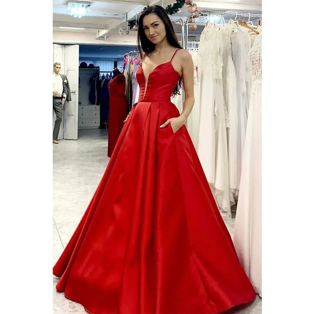 

Sexy v Neck Spaghetti Straps Red Satin Formal Gown Custom Made Ball Gown Prom Party Evening Dresses