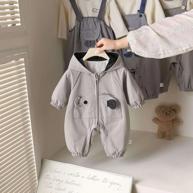 IYEAL Cute Elephant Ear Baby Hooded Romper, Zipper Long Sleeve Infant Jumpsuit, Cartoon Animal Newborn Fall Romper