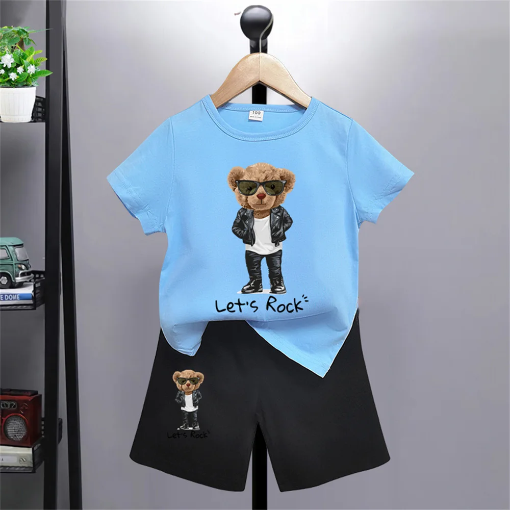 Bear pattern kids T-shirt Pants Kawaii T-shirt Anime Cartoon Kids Casual Clothing 2-piece set Kids Girls Boys Fashion Y2K