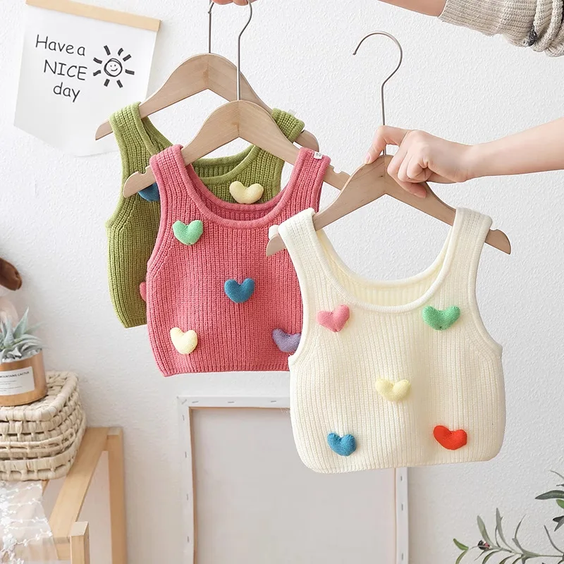 Fashion 3D Love Shape Knitted Korean Vest Sweater Baby Clothing 2023 Spring Autumn Loose All-match Pullovers Casual Tops GY11091