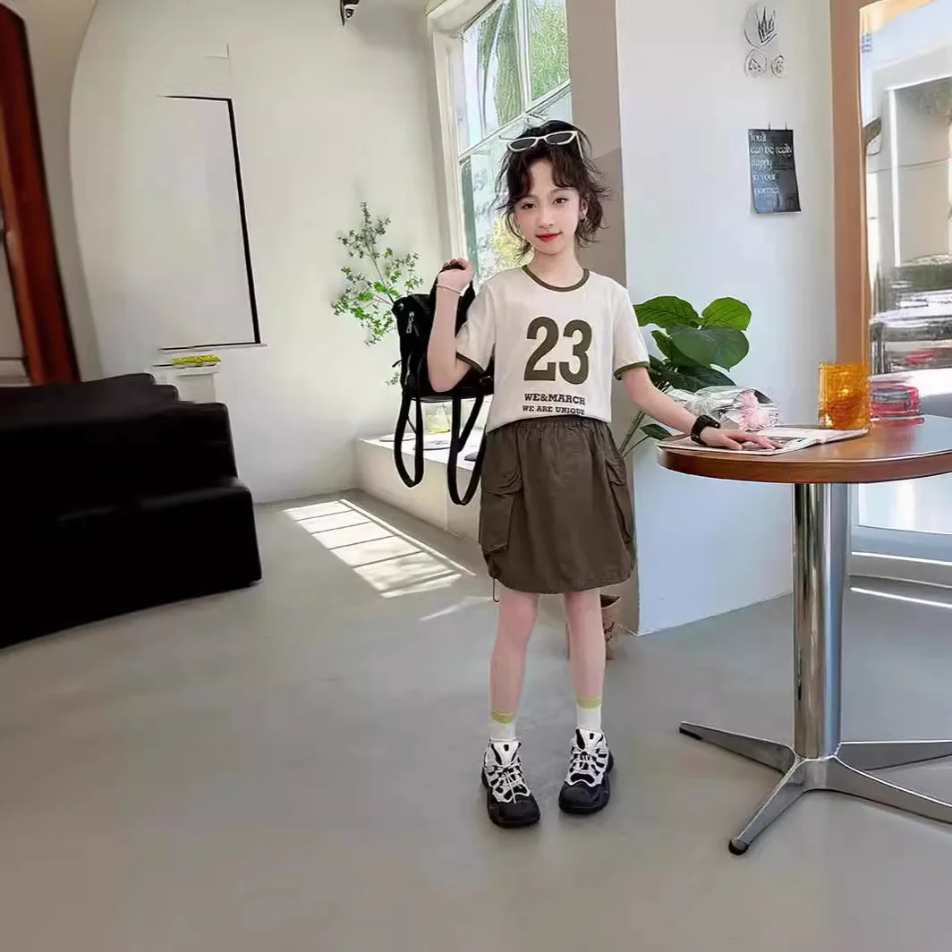 

Girls Suits Summer Dress Set 2024 New Style Big Children Short Sleeve Wrap Hip Skirt Children Summer Two-piece Set Clothes