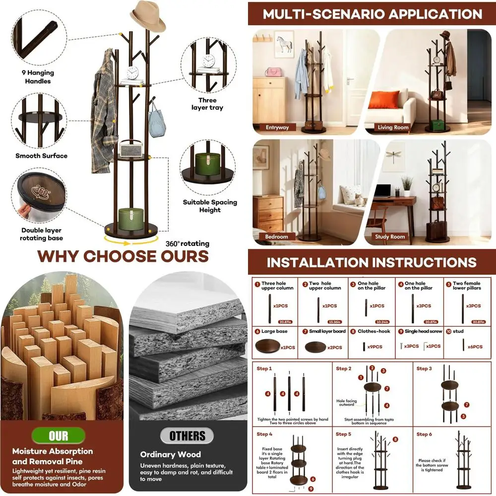 

Pine Wood Coat Tree with 3 Shelves & 9 Hooks, Freestanding Rack for Home (Walnut Finish)