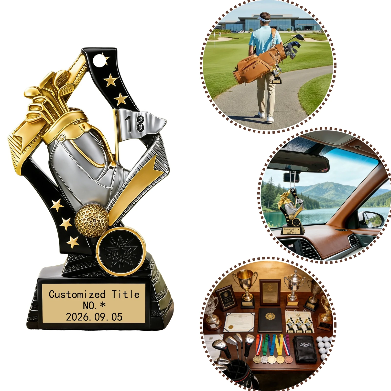 Customized Golf Trophy Shape Bag Charms, Medals Custom Print Title Text Name Date for awards prizes gift DIY purse charms making