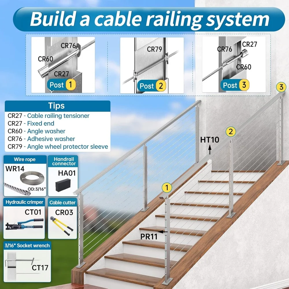 Slope Cable Railing Post T304 Stainless Steel 25-40 Degrees Indoor Outdoor Railing System Kit with Pre-drilled Holes