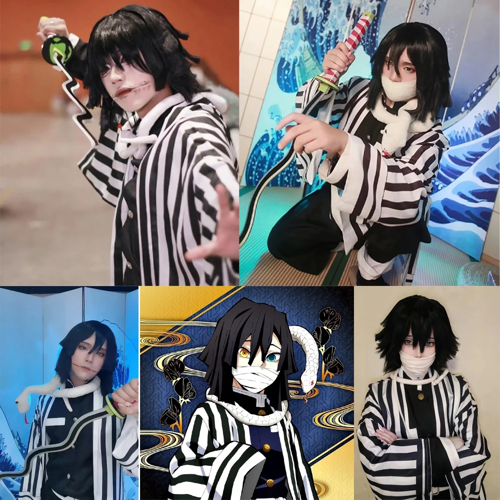 High-Quality Demon Slayer Iguro Obanai Cosplay Anime Composite Hair, Black Layered 16-Inch Halloween Carnival Daily Party Wig