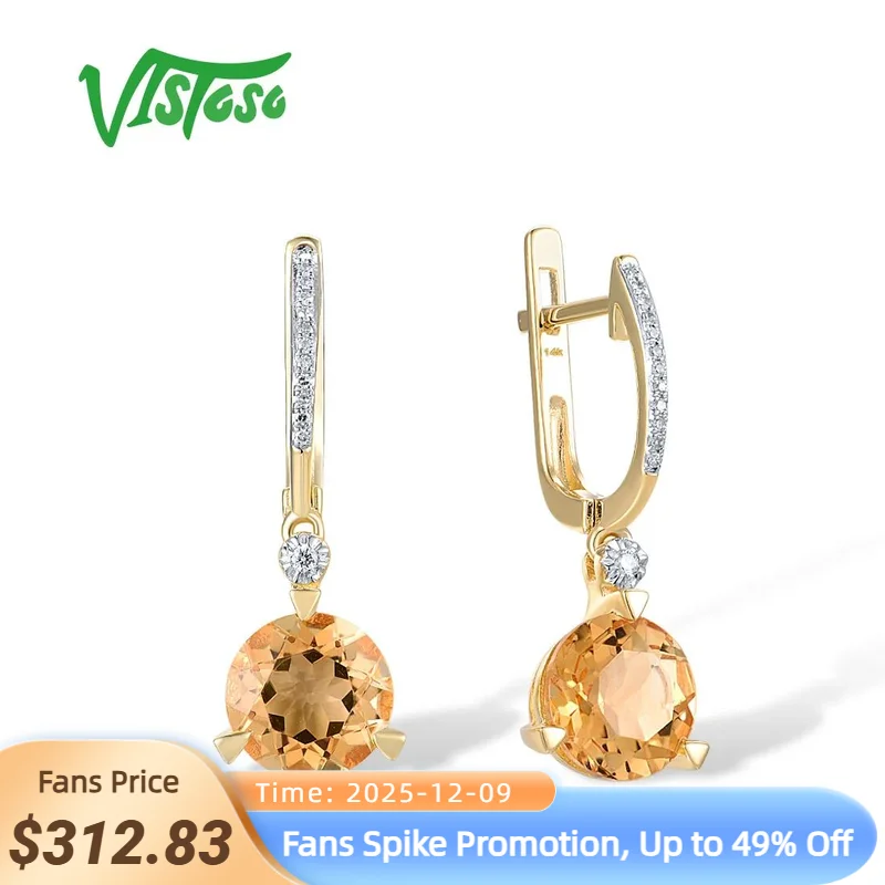 

VISTOSO Genuine 14K 585 Yellow Gold Earrings For Women Sparkling Diamond Citrine Round Dangling Simple Delicate Fine Jewelry