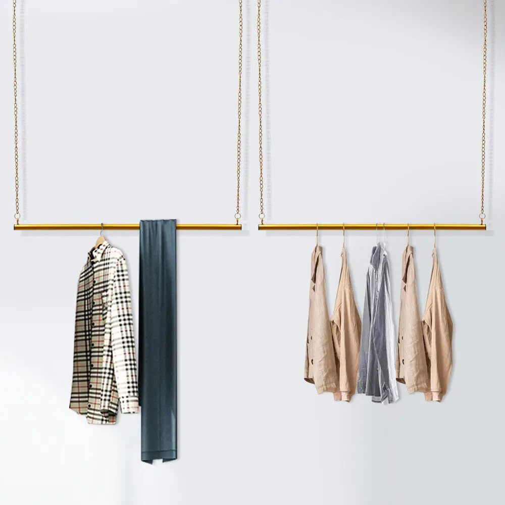 

Large-Capacity Carbon Steel Golden Clothes Rack Clothes Storage Rack With Hook And Chain Height Adjustable Hanging Rod