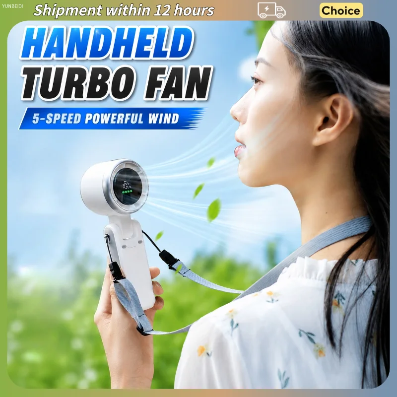 Handheld Fan Portable Mini Turbo Fan 5-speed Adjustment LED Display Outdoor Foldable/neck-hanging Silent Brushless Fan 2400mah