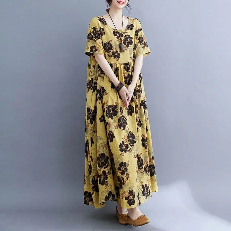 Women Dresses Cotton Linen Oversized Vintage Floral Short Sleeve A-line Loose Korean Style Mid-Calf Dress for Women Clothing