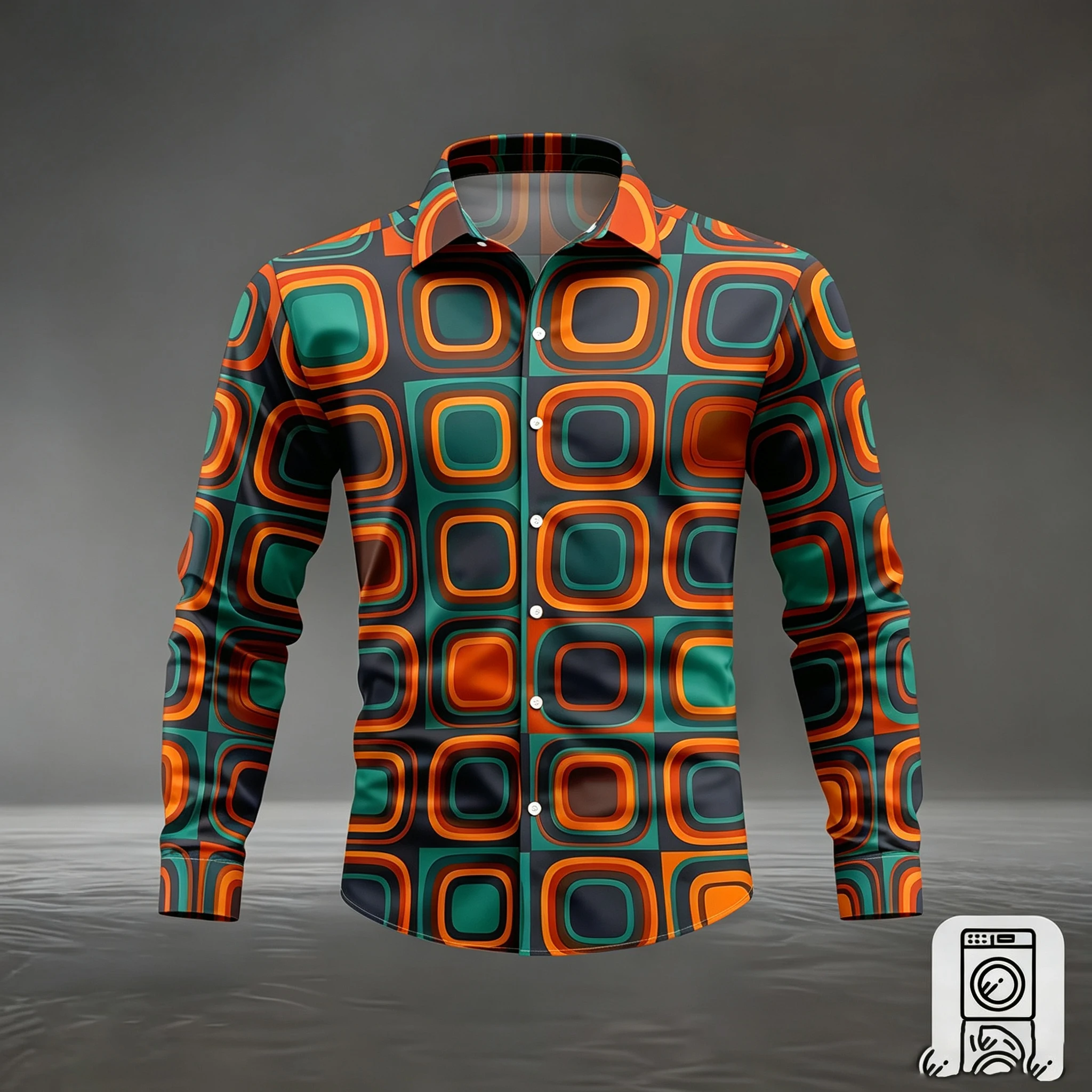 Rounded Square Geometric Print Men's Long-Sleeved Shirt, Stretchy Slim Fit, European Street Style, Turn-Down Collar Casual Shirt