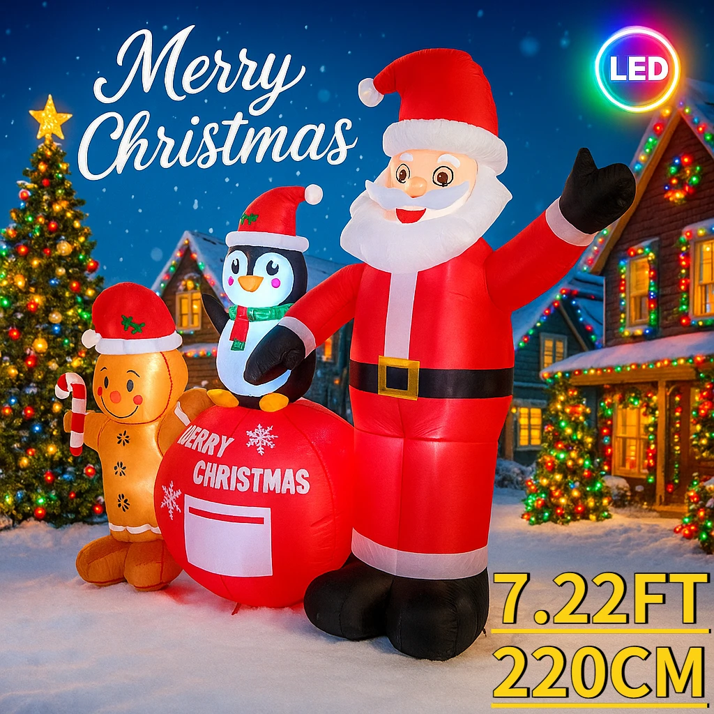 

7.22FT Christmas Inflatable Toys LED Lit Set Santa Penguin Gingerbread Man Supplies Home Ornaments Festive Gift Xmas Yard Decor