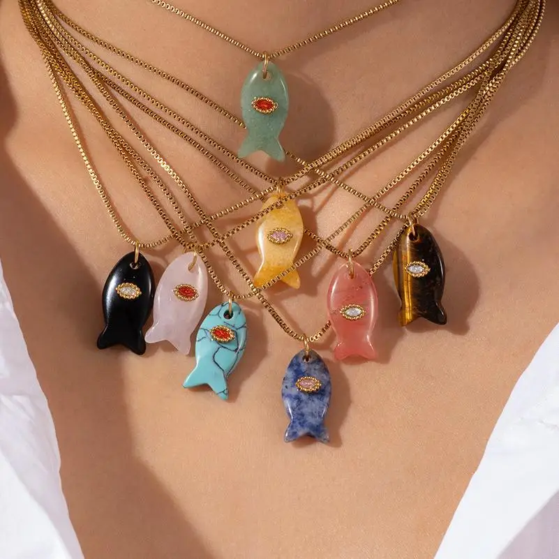 

Ocean Fish Pendant Necklace Natural Stone Stainless Steel Clavicle Chain Adjustable O-Shape Beach Jewelry