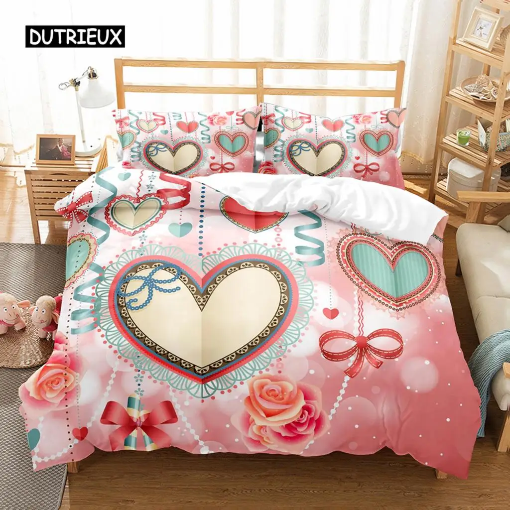 Love Heart Duvet Cover Set Single King Romantic Theme Bedding Set Rose Floral Comforter Cover For Valentine's Day Wedding Decor